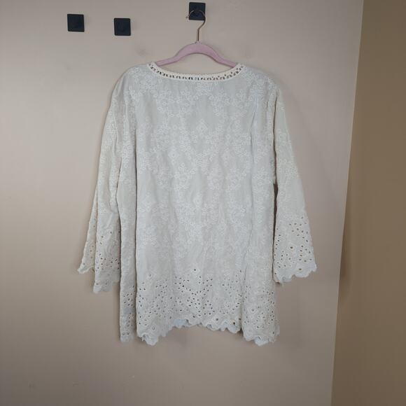 JOHN MARK Artsy Boho Embroidered Long Loose Velvet Eyelet Top Cream Size 2X - Picture 7 of 10
